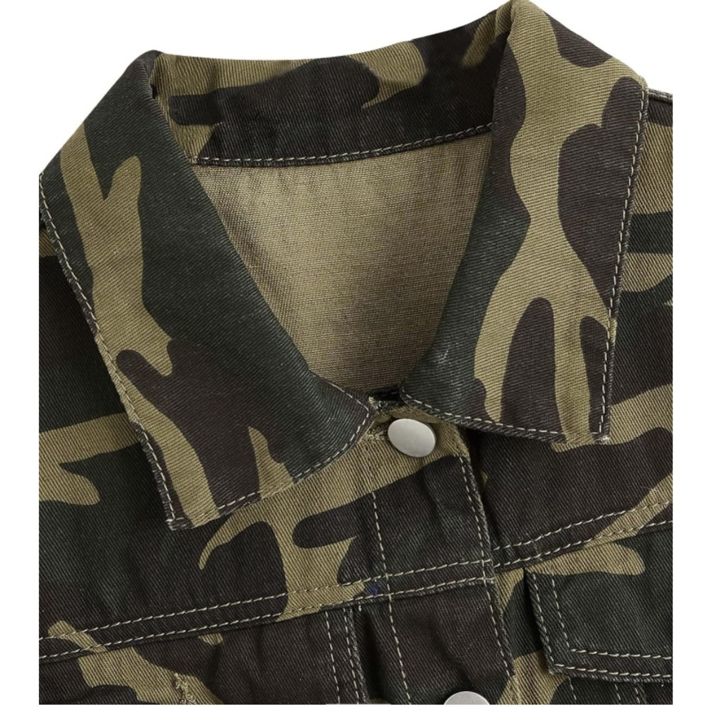 Women's Sequin Fringe Button Crop Camo Denim Slee… - image 4